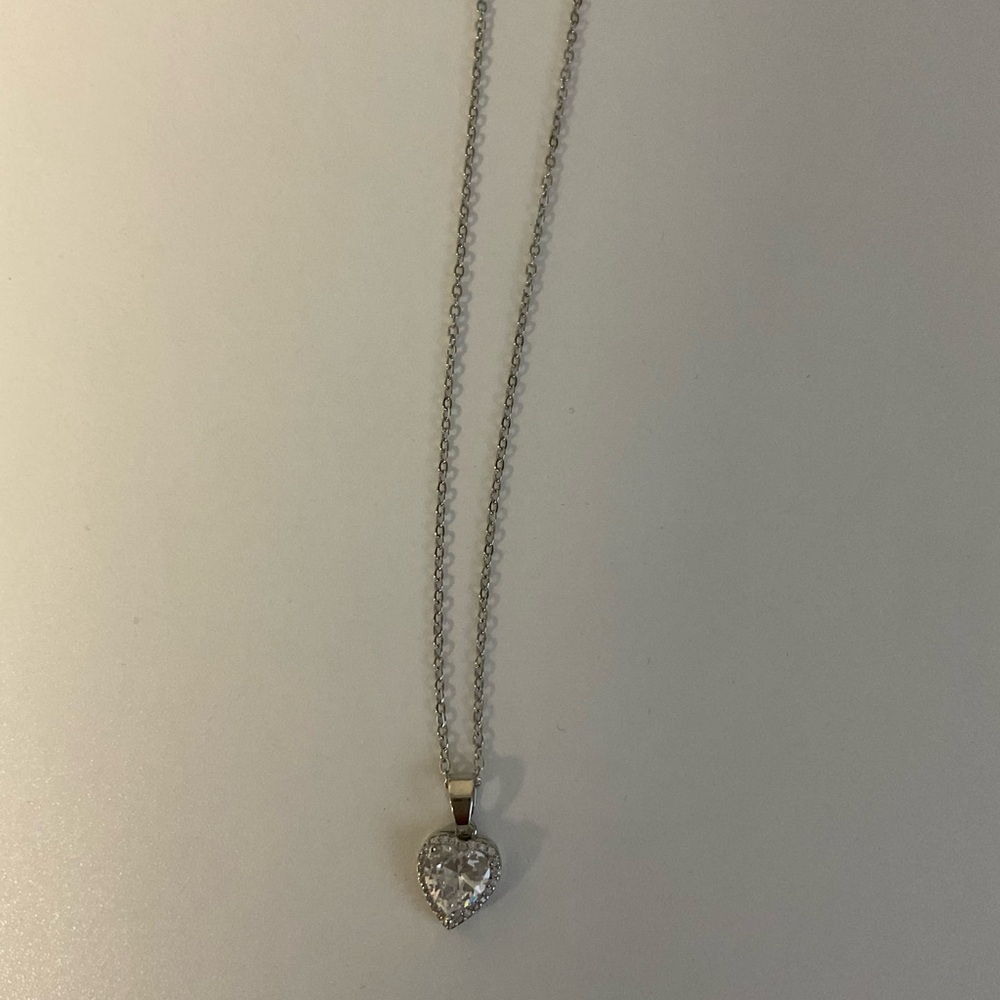 Silver Plated Heart Pendant Necklace with Clear Stone